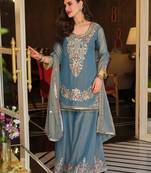 Blue embroidered silk blend kurta trouser dupatta set