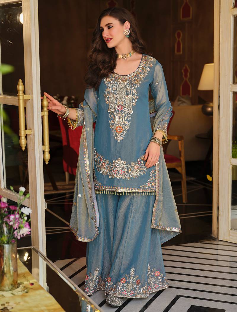 Blue embroidered silk blend kurta trouser dupatta set