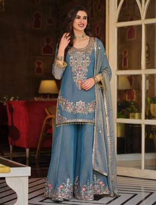 Blue embroidered silk blend kurta trouser dupatta set 2