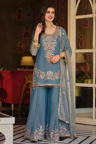 Blue embroidered silk blend kurta trouser dupatta set
