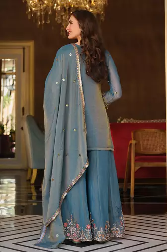 Blue embroidered silk blend kurta trouser dupatta set
