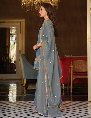 Blue embroidered silk blend kurta trouser dupatta set 4