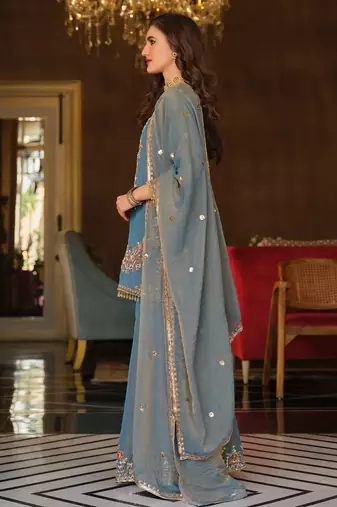Blue embroidered silk blend kurta trouser dupatta set