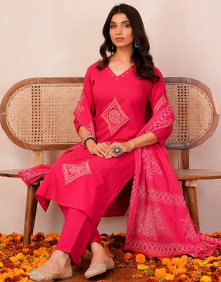 Pink printed pure cotton kurta trouser dupatta set 1