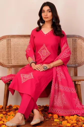 Pink printed pure cotton kurta trouser dupatta set