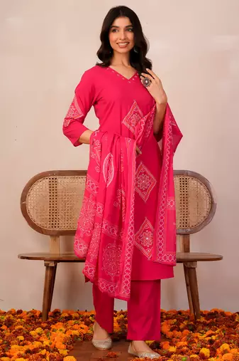 Pink printed pure cotton kurta trouser dupatta set
