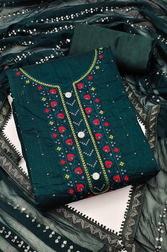 women green & red embroidered unstitched dress material