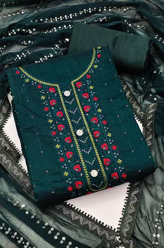 women green & red embroidered unstitched dress material