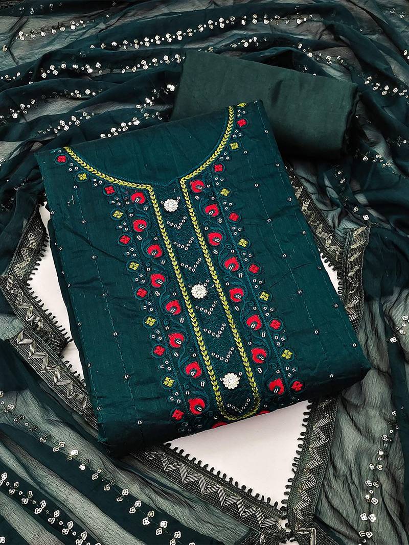 Women Green & Red Embroidered Unstitched Dress Material