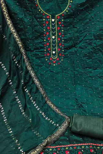 women green & red embroidered unstitched dress material