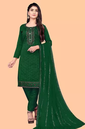 women green & red embroidered unstitched dress material