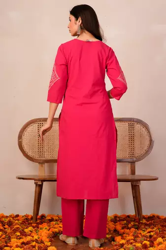 Pink printed pure cotton kurta trouser dupatta set