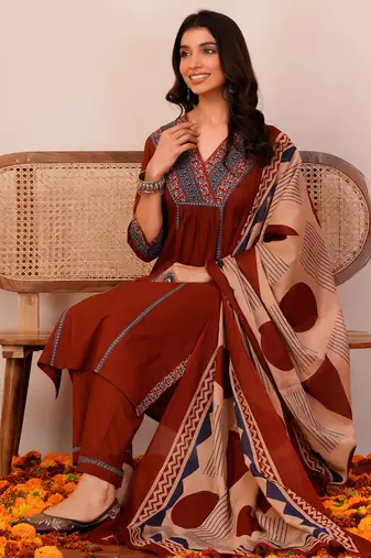 Orange printed pure cotton kurta trouser dupatta set