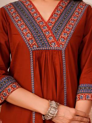 Orange printed pure cotton kurta trouser dupatta set 2