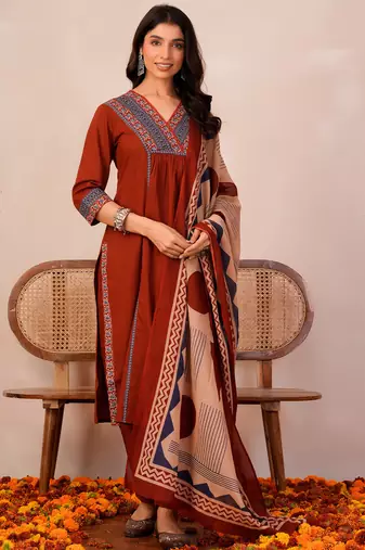 Orange printed pure cotton kurta trouser dupatta set
