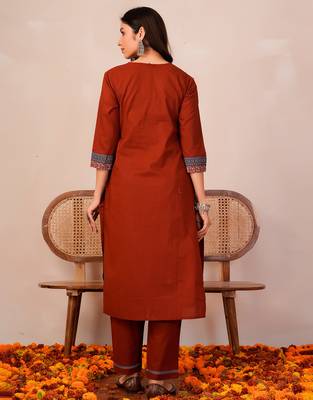 Orange printed pure cotton kurta trouser dupatta set 4