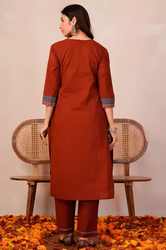 Orange printed pure cotton kurta trouser dupatta set