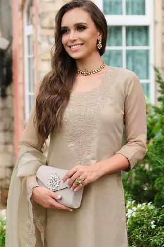 Brown embroidered silk blend kurta trouser dupatta set