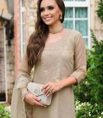 Brown embroidered silk blend kurta trouser dupatta set