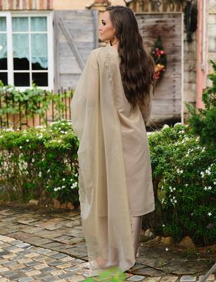 Brown embroidered silk blend kurta trouser dupatta set 2