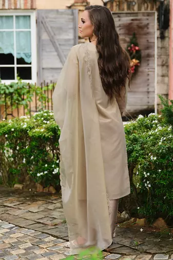 Brown embroidered silk blend kurta trouser dupatta set