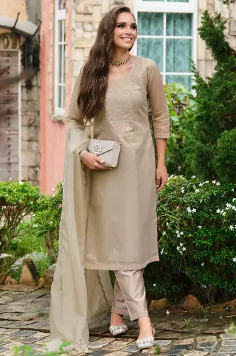 Brown embroidered silk blend kurta trouser dupatta set