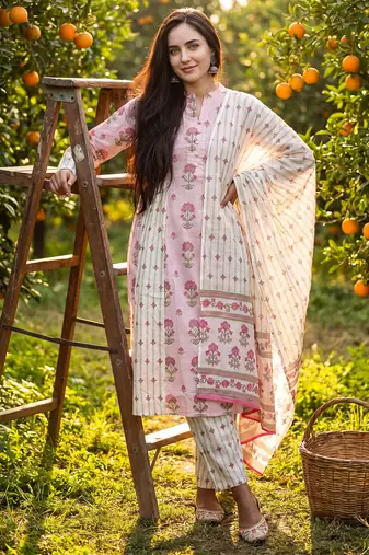 Pink printed pure cotton kurta trouser dupatta set