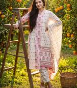 Pink printed pure cotton kurta trouser dupatta set