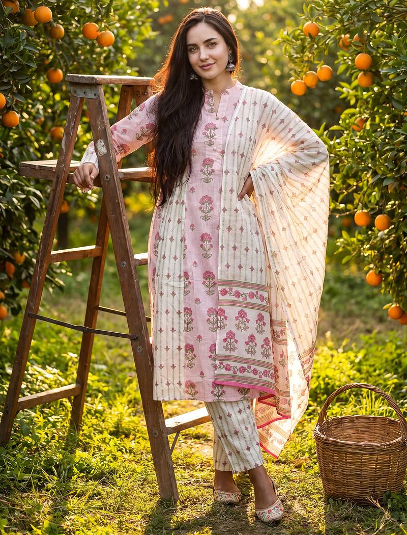 Pink printed pure cotton kurta trouser dupatta set