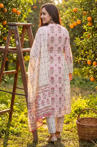 Pink printed pure cotton kurta trouser dupatta set