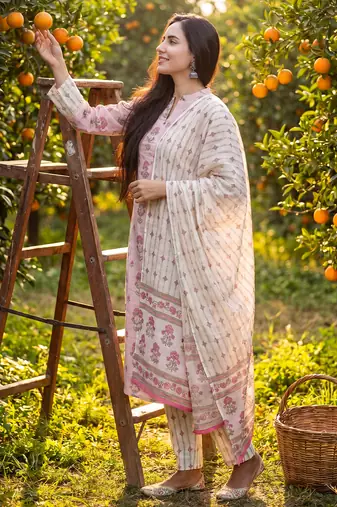 Pink printed pure cotton kurta trouser dupatta set