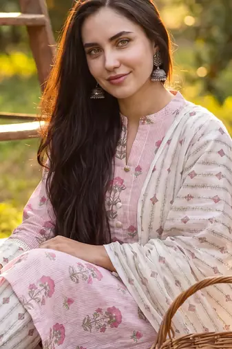 Pink printed pure cotton kurta trouser dupatta set