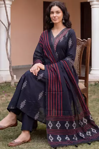 Black printed pure cotton kurta trouser dupatta set