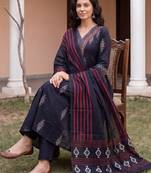 Black printed pure cotton kurta trouser dupatta set