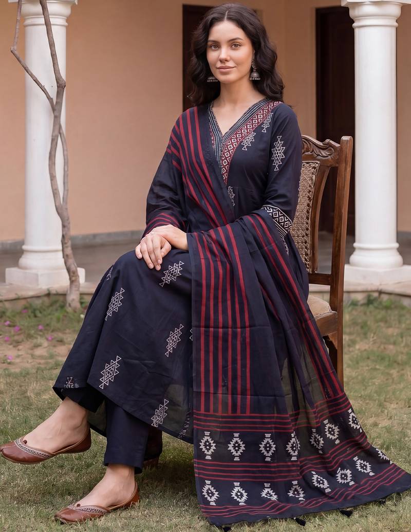 Black printed pure cotton kurta trouser dupatta set