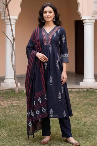 Black printed pure cotton kurta trouser dupatta set