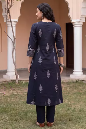 Black printed pure cotton kurta trouser dupatta set