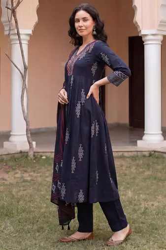 Black printed pure cotton kurta trouser dupatta set