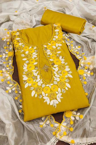 Embroidered Pure Silk Semi-Stitched Dress Material