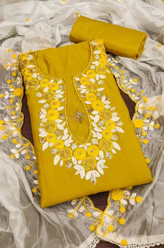 embroidered silk blend semi-stitched dress material