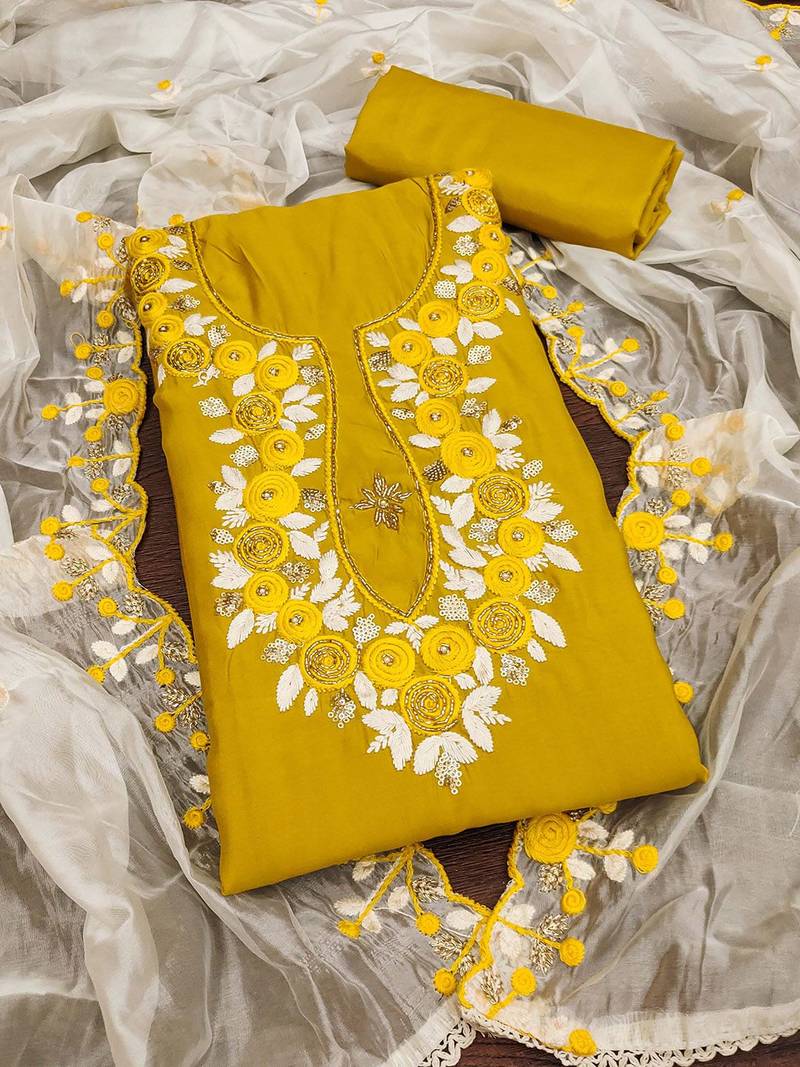 Embroidered Pure Silk Semi-Stitched Dress Material
