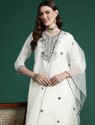 White embroidered silk blend kurta trouser dupatta set 1