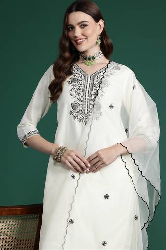 White embroidered silk blend kurta trouser dupatta set