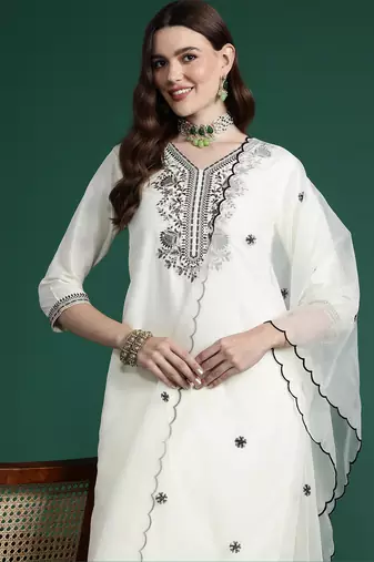 White embroidered silk blend kurta trouser dupatta set