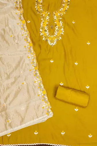 embroidered silk blend semi-stitched dress material
