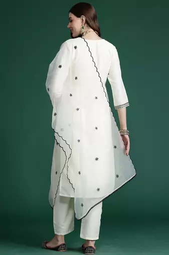 White embroidered silk blend kurta trouser dupatta set