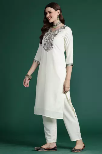 White embroidered silk blend kurta trouser dupatta set