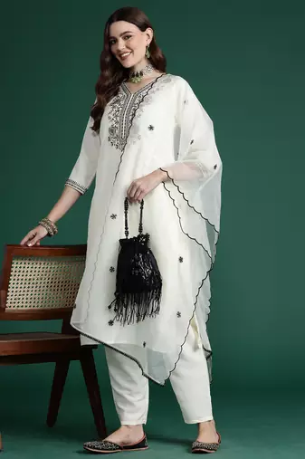 White embroidered silk blend kurta trouser dupatta set