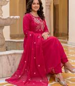 Pink embroidered pure cotton kurta trouser dupatta set