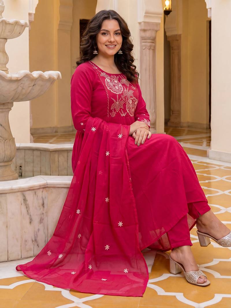 Pink embroidered pure cotton kurta trouser dupatta set
